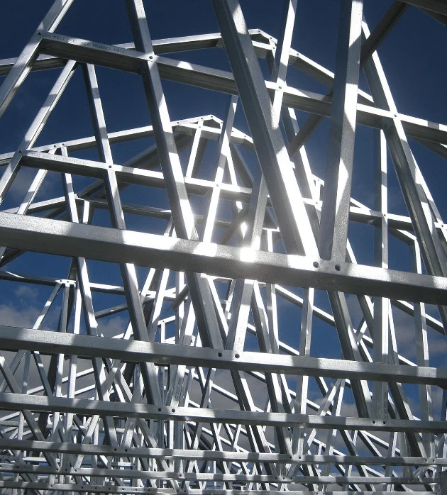Close-up of galvanized steel roof trusses for Kentucky barndo